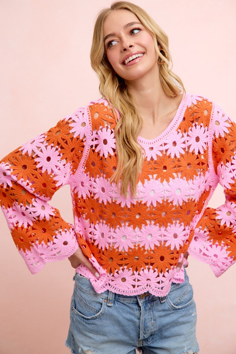 2455 Pink & Red Floral Crochet Top