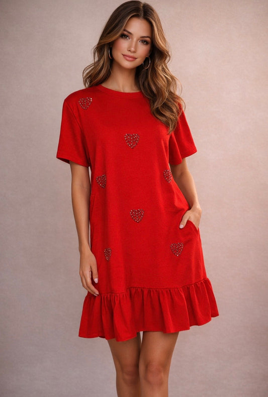 2067 OneSize Rhinestones Hearts Short Sleeve Dress
