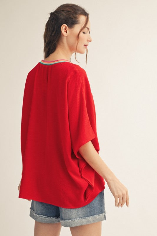 2153 Multi Color Trim V-Neck Top