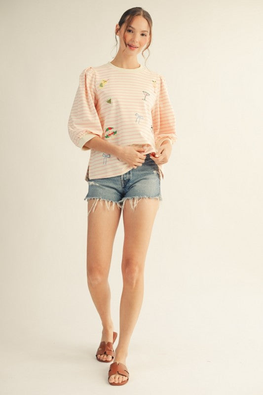 2044 Striped Drinks 3/4 Sleeve Top