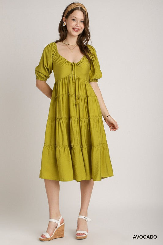 Tiered Puff Sleeve Midi Dress