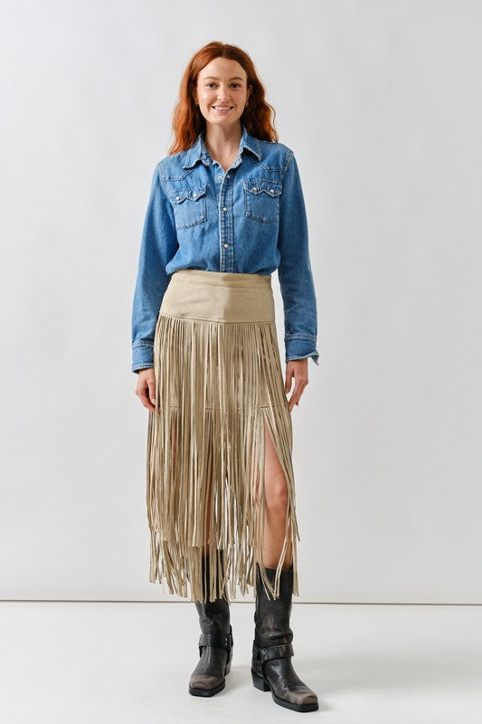1849 Suede Fringe Midi Skirt