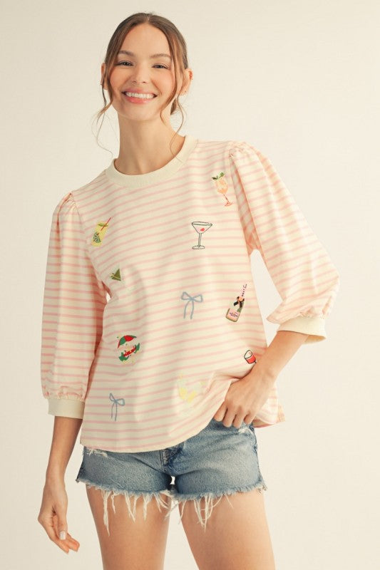 2044 Striped Drinks 3/4 Sleeve Top