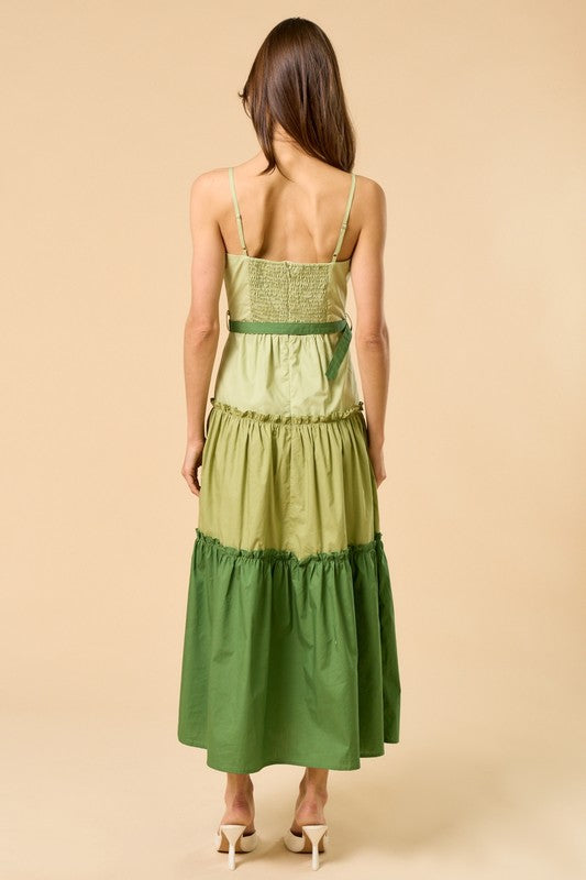 1559 Color Block Green Belted Midi Dress