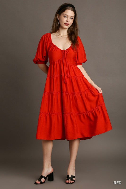 Tiered Puff Sleeve Midi Dress