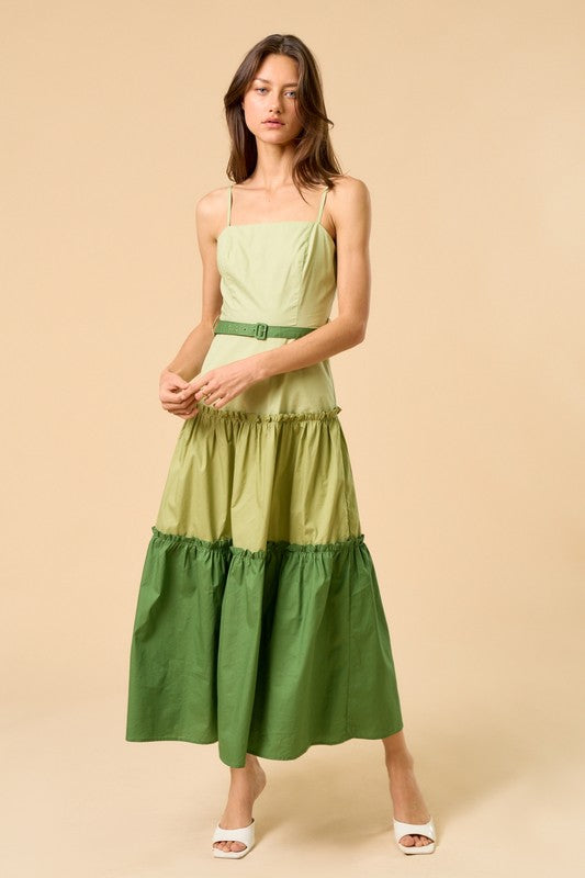 1559 Color Block Green Belted Midi Dress