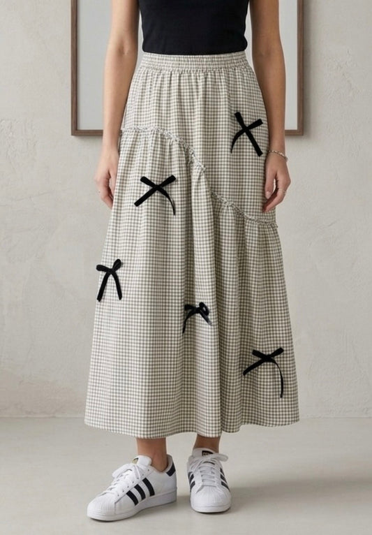 2438 Onesize Plaid Bow Maxi Skirt