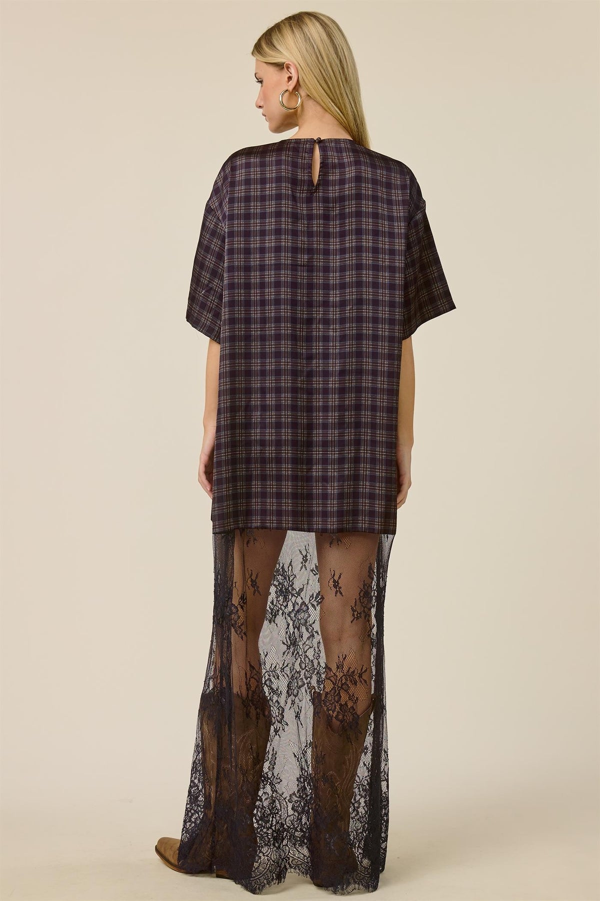 2726 Plaid T-Shirt Dress With Lace
