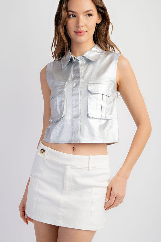 1076 Metallic Silver Sleeveless Crop Shirt