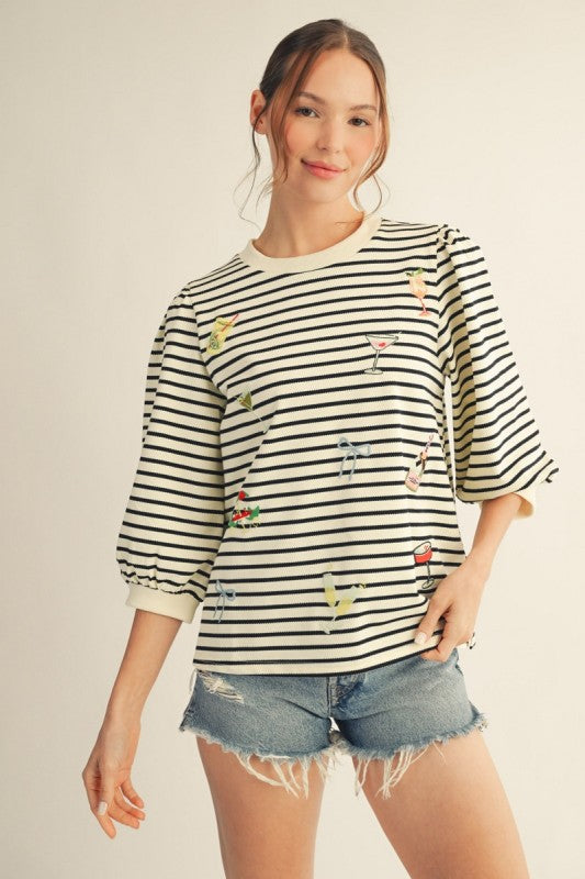 2044 Striped Drinks 3/4 Sleeve Top