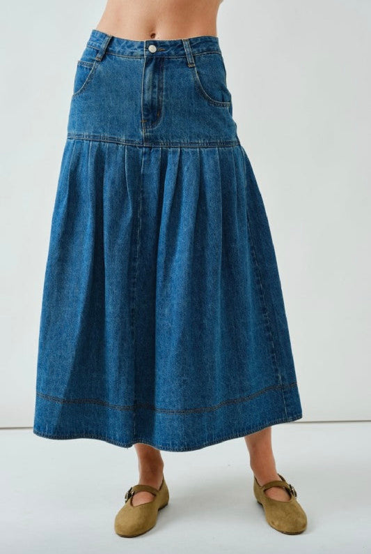 1936 Pleated Denim Midi Skirt