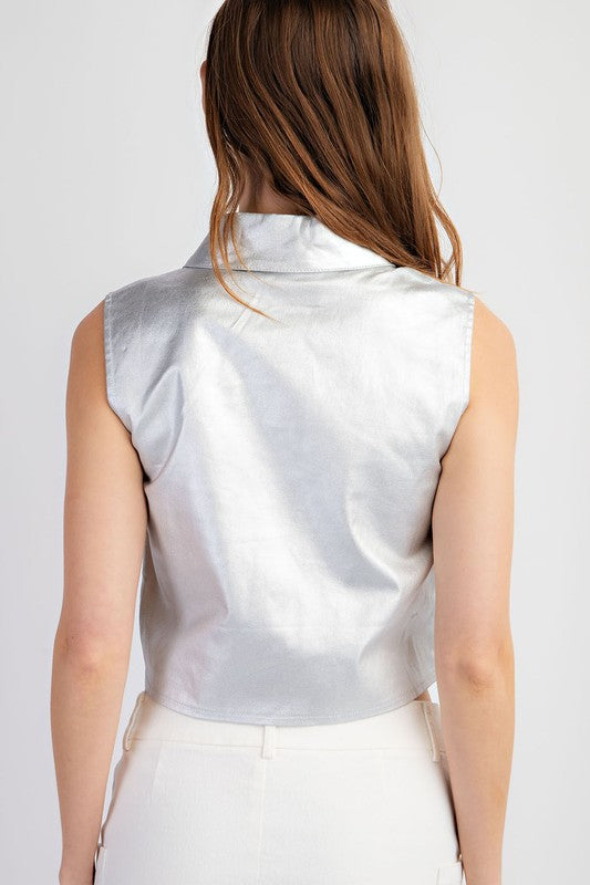 1076 Metallic Silver Sleeveless Crop Shirt