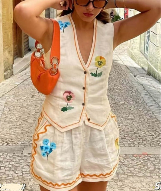 1598 Flowers Vest & Short Set