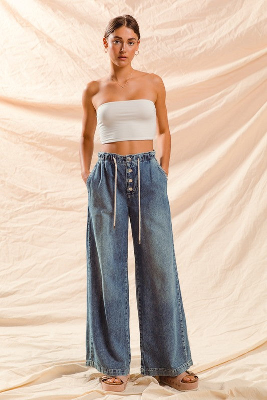 High Waist Wide Leg With Button Drawstring Denim Pant