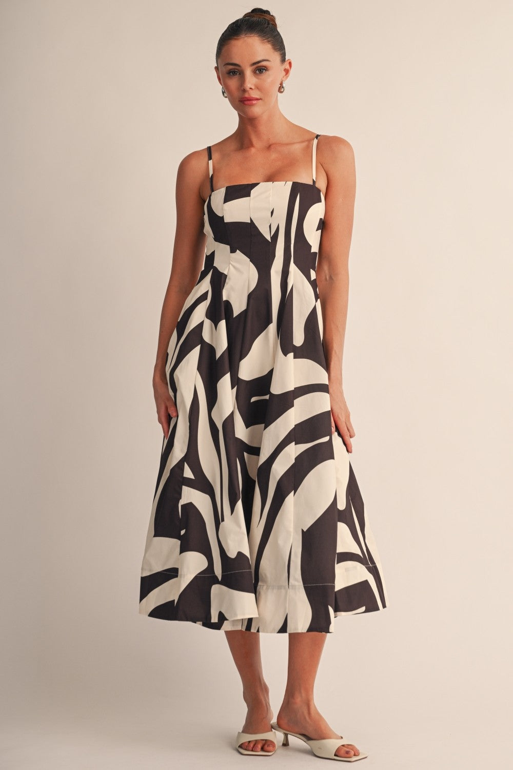 2650 Cream & Brown Print Midi Dress