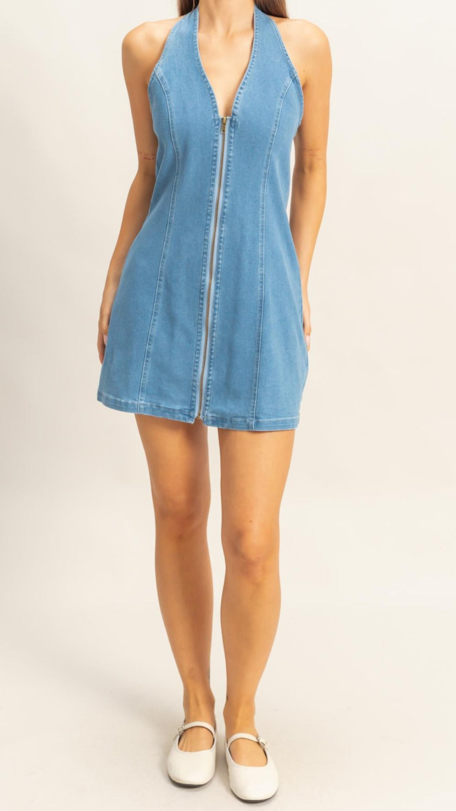 1446 Halter Zipper Denim Dress