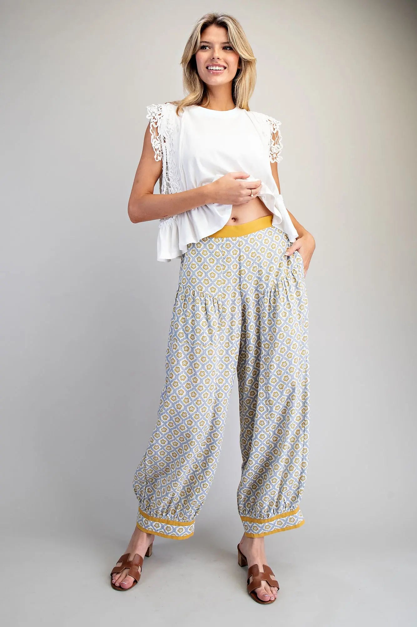 2408 Mustard Print Barrel Pant