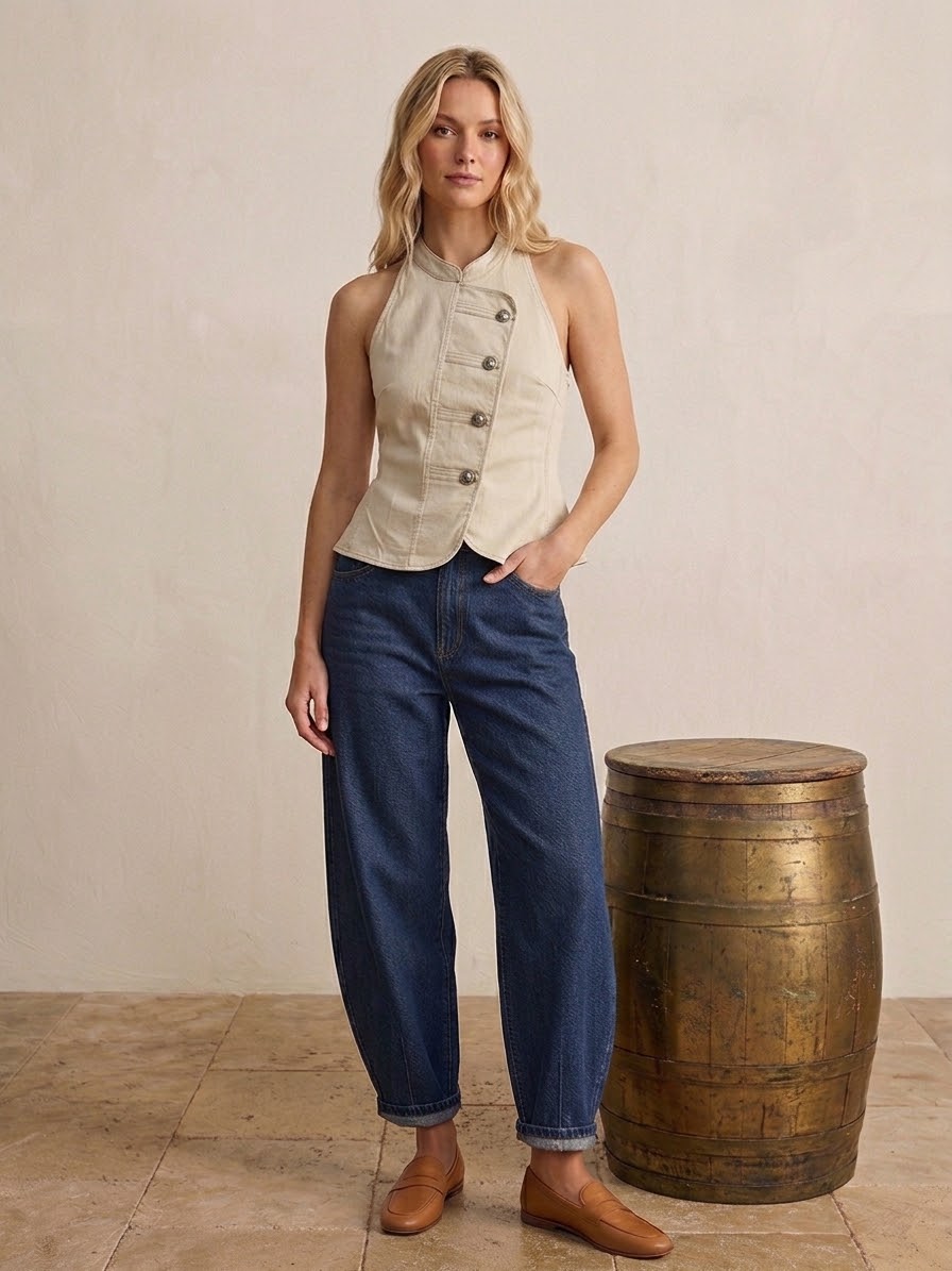 2678 Cream Napoleon Halter Asymmetrical Sleeveless Top