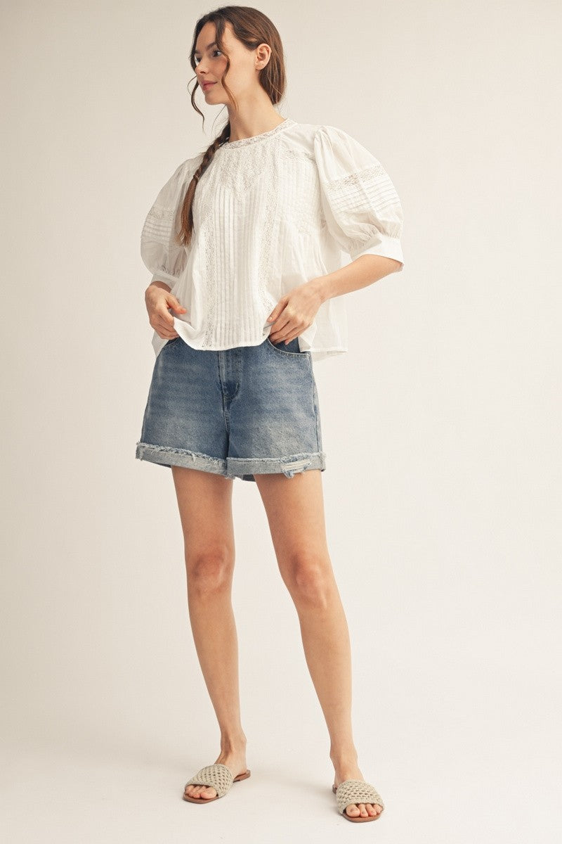 2401 Lace Bubble Sleeve White Shirt