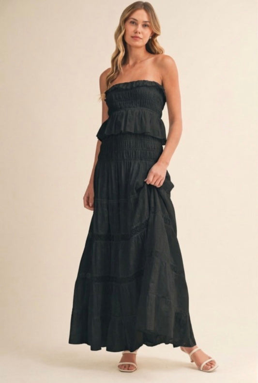 2655 Black Strapless Eyelet Maxi Dress