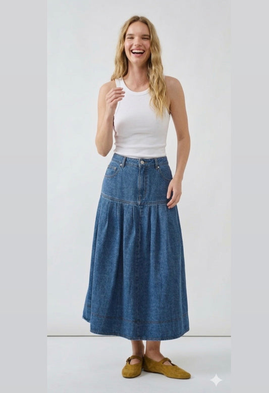 1936 Pleated Denim Midi Skirt