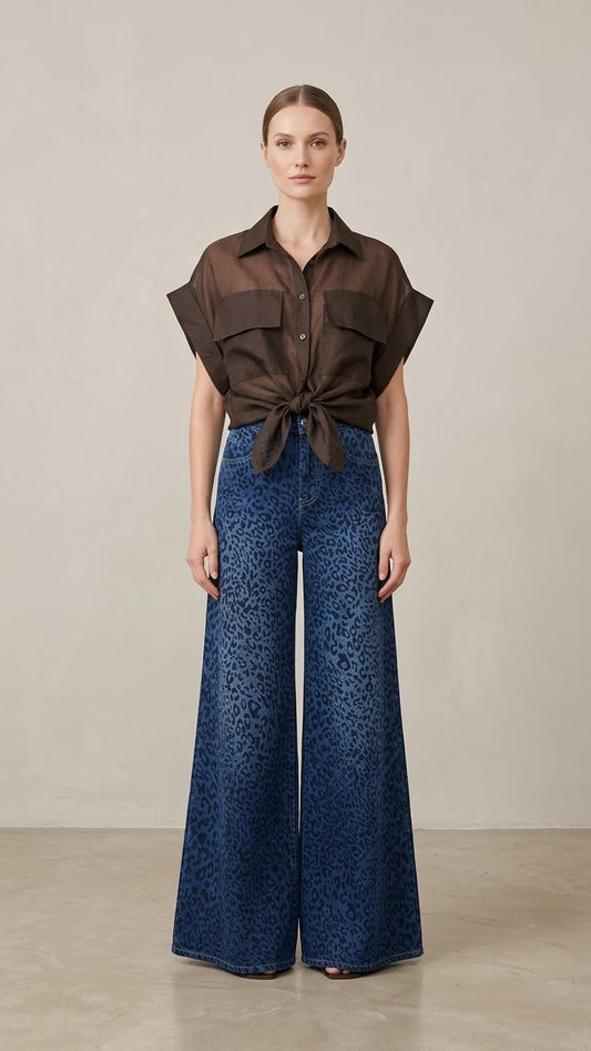 2707 Made In Italy Animal Print Wide Leg Denim Pant