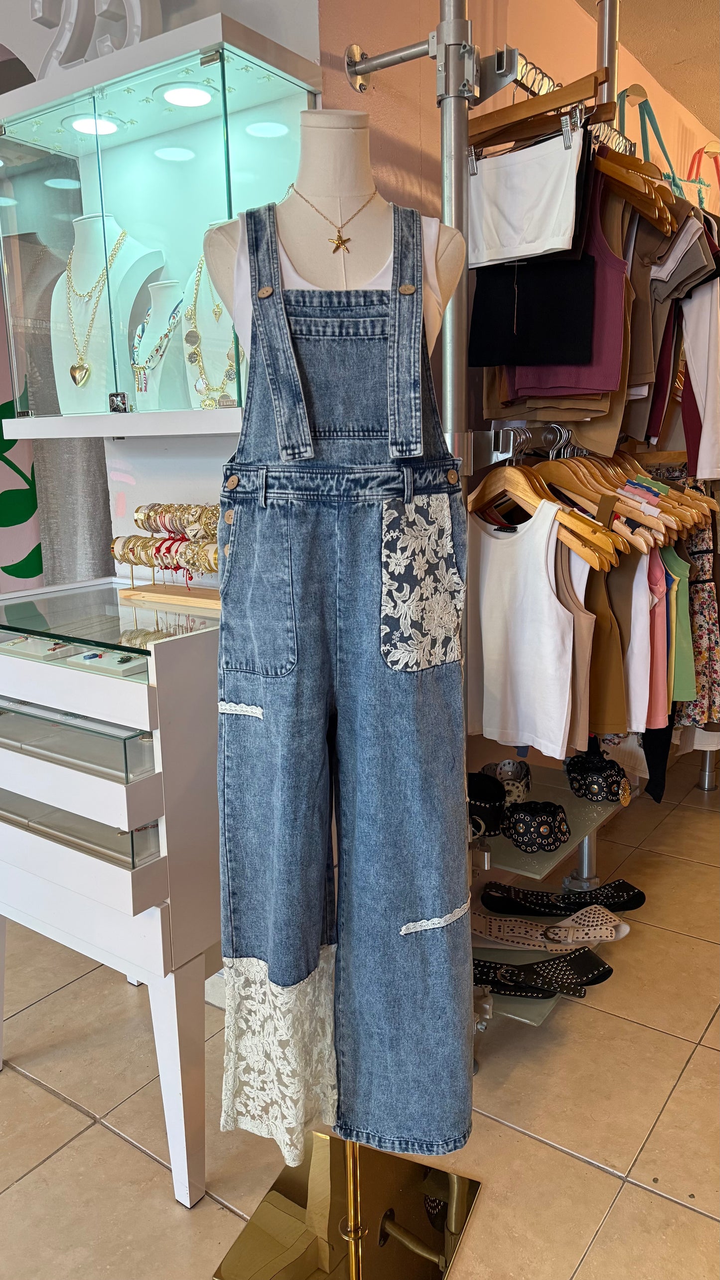 2422 Denim Lace Overall Jumpsuit