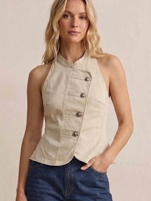 2678 Cream Napoleon Halter Asymmetrical Sleeveless Top