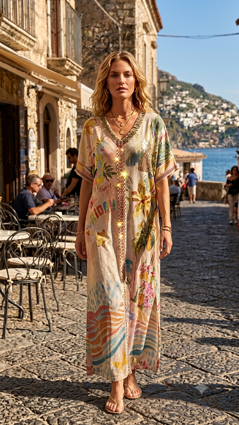 2464 Sequins Parrot Onesize Italian V-Neck Maxi Dress