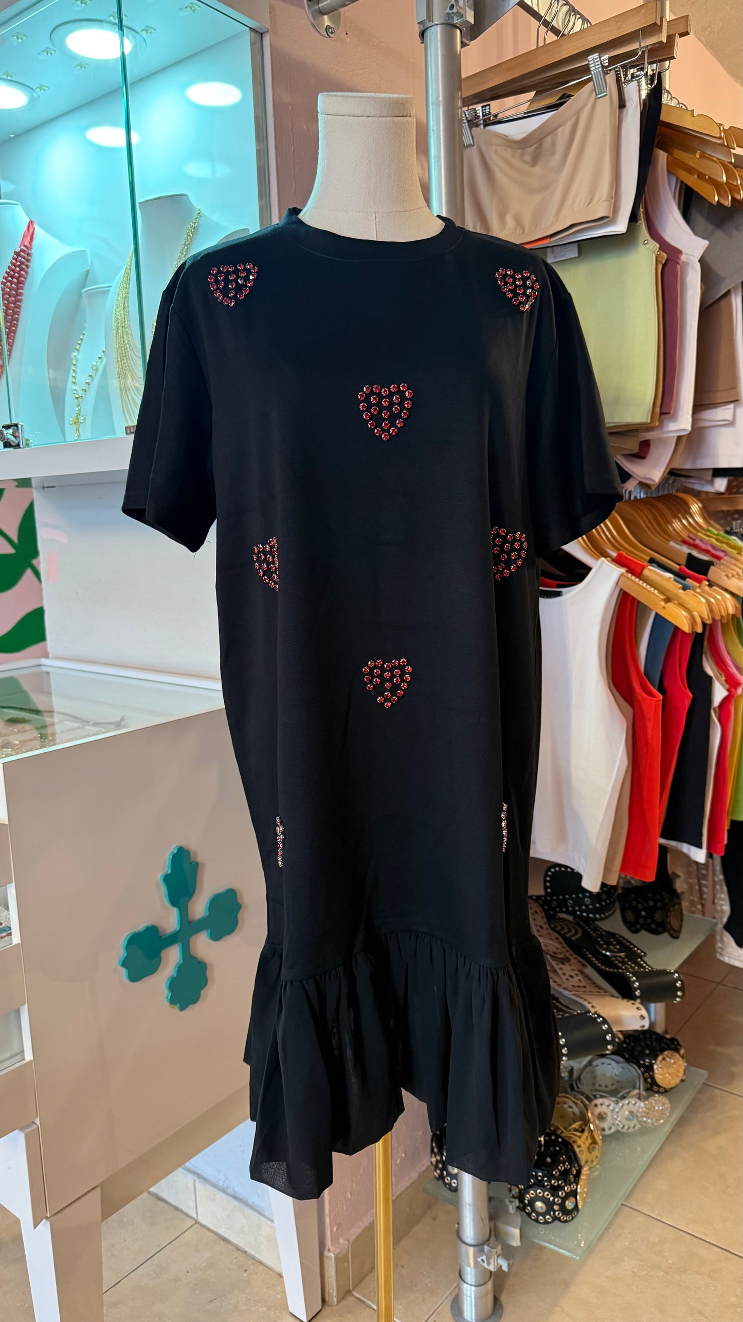 2067 OneSize Rhinestones Hearts Short Sleeve Dress