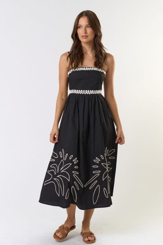 1602 Black & White Embroidered Midi Dress