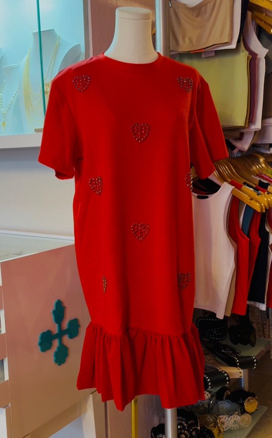 2067 OneSize Rhinestones Hearts Short Sleeve Dress