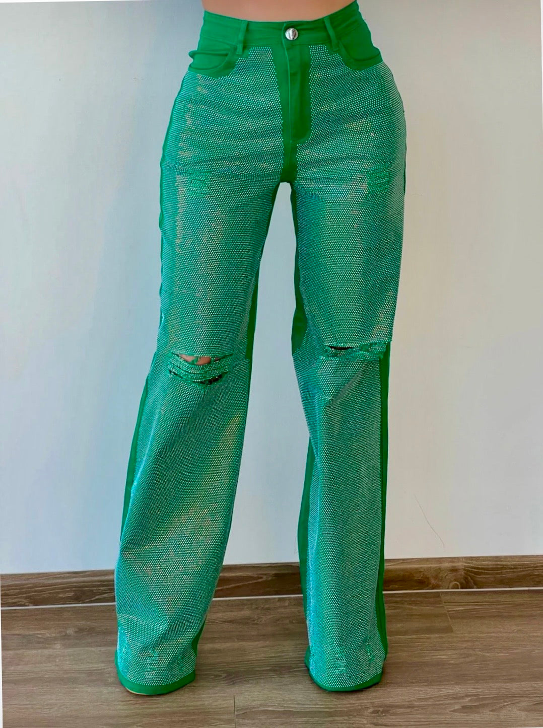 1872 Rhinestones Green Denim Pant