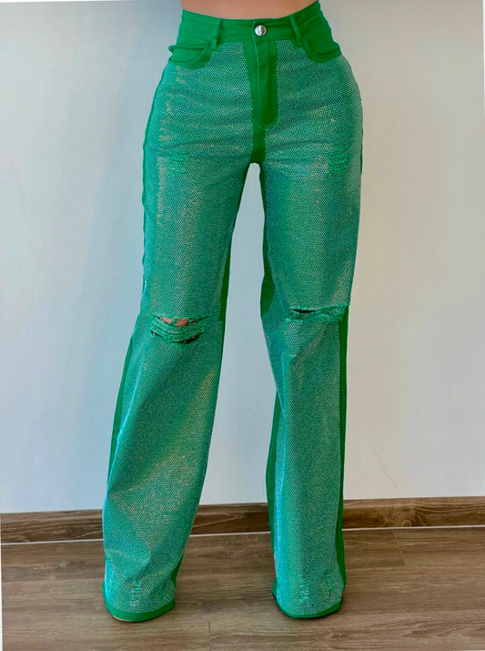 1872 Rhinestones Green Denim Pant