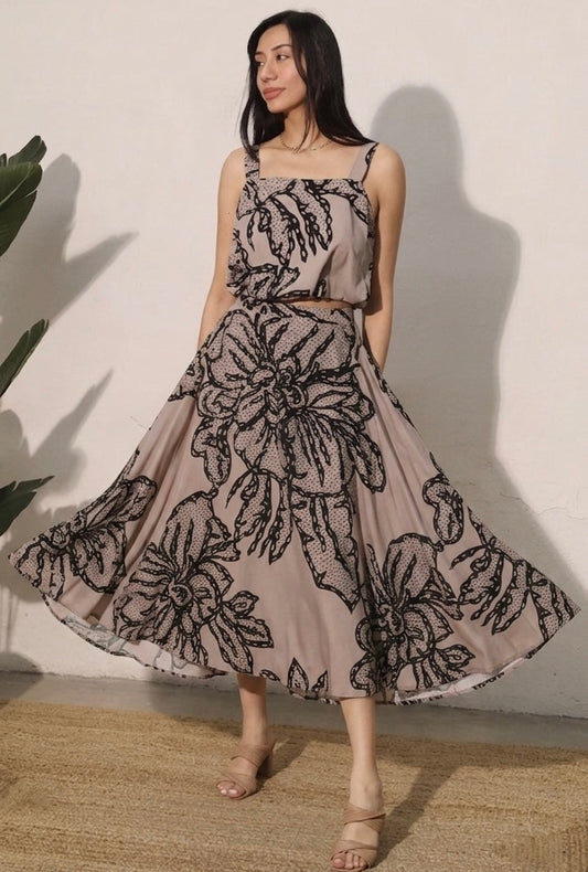 2280 Taupe Print Top & Skirt Set, Do Not Wrinkle
