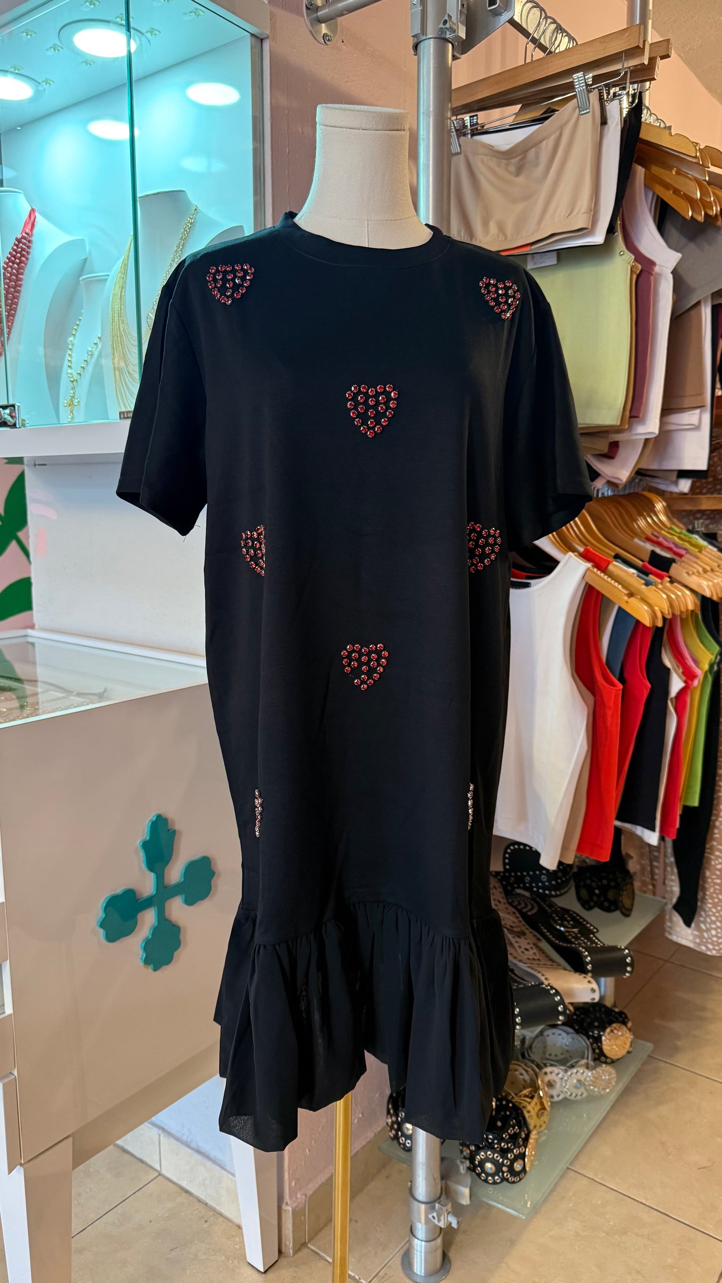 2067 OneSize Rhinestones Hearts Short Sleeve Dress