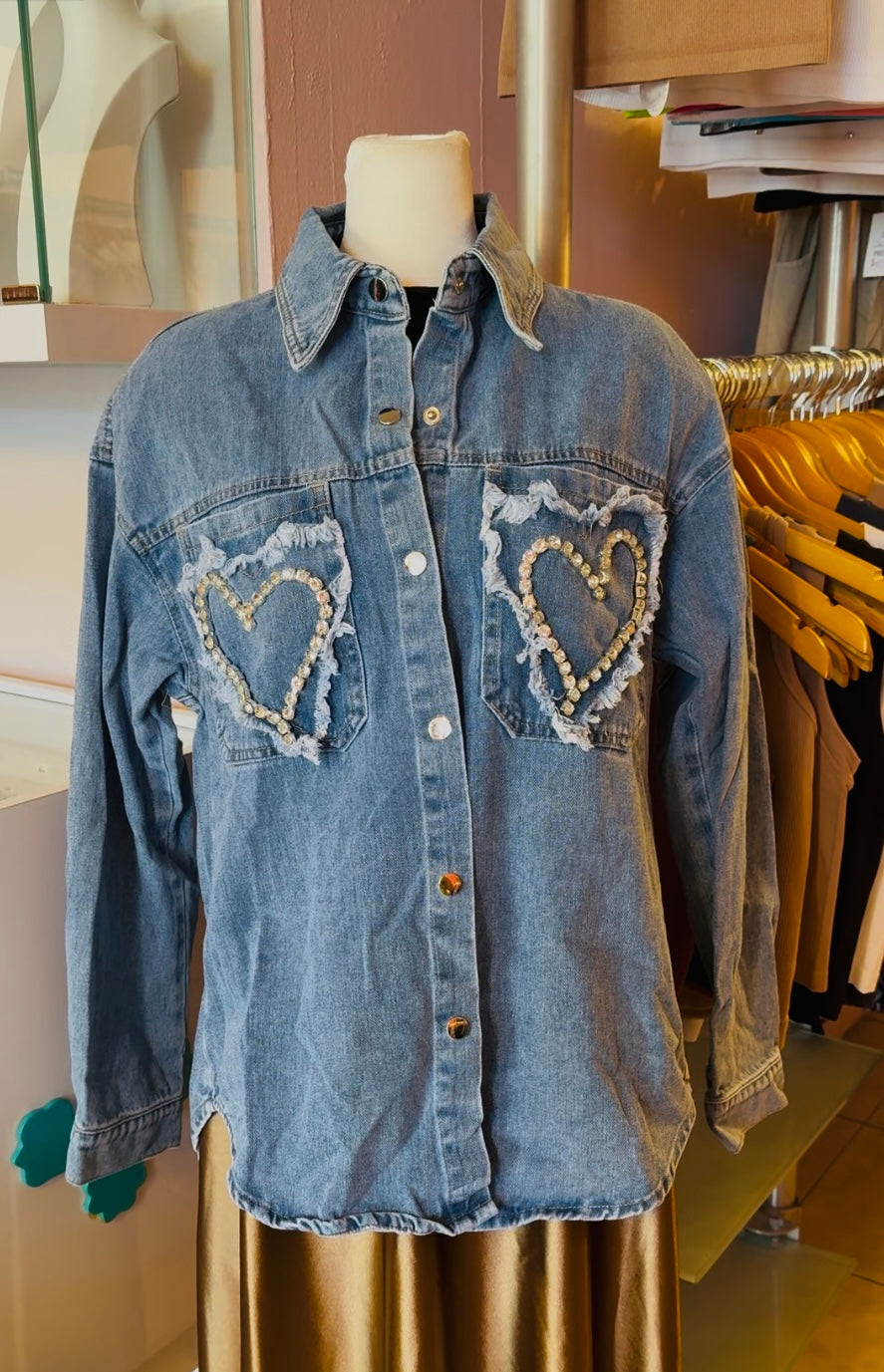 Rhinestones Hearts Denim Italian Shirt