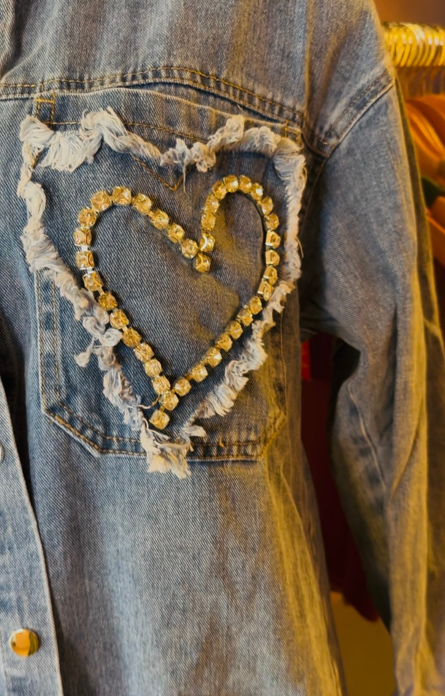 Rhinestones Hearts Denim Italian Shirt