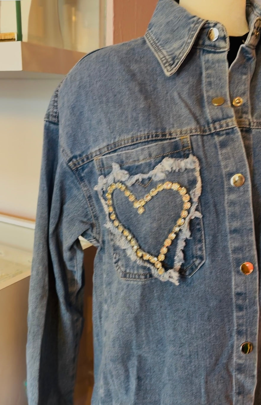 Rhinestones Hearts Denim Italian Shirt