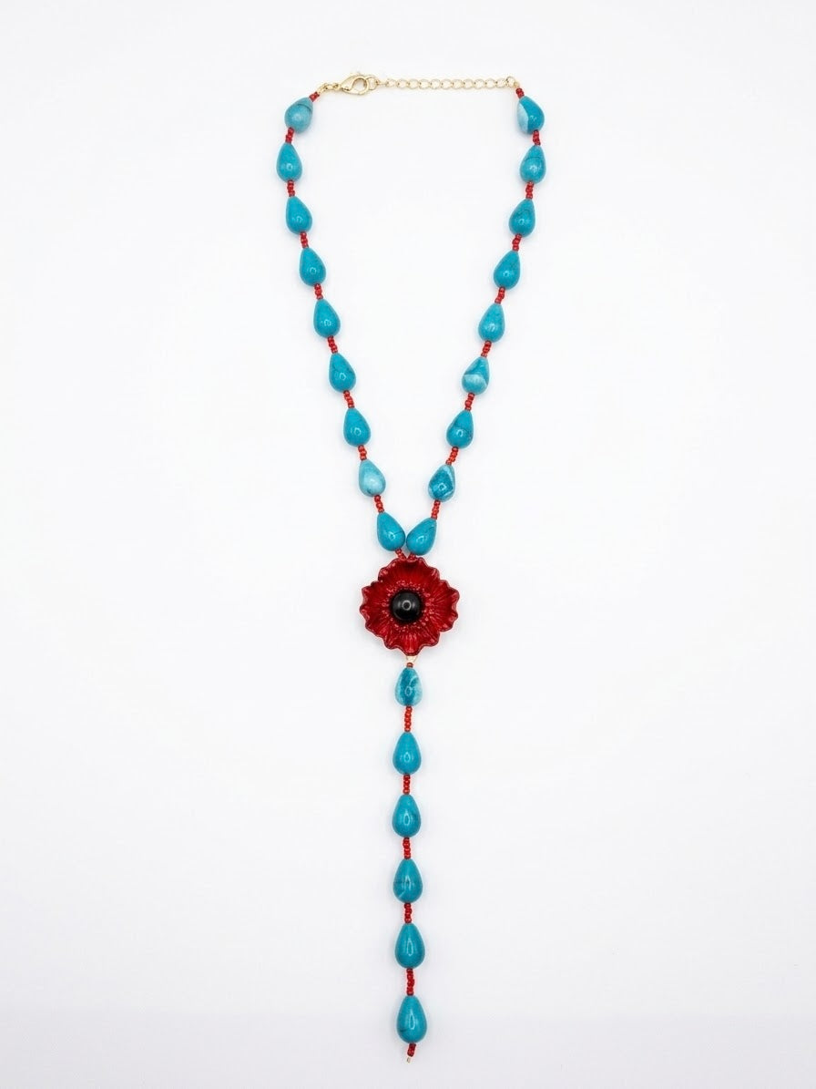 2758 Beaded Necklaces Turquoise & Red With Flower