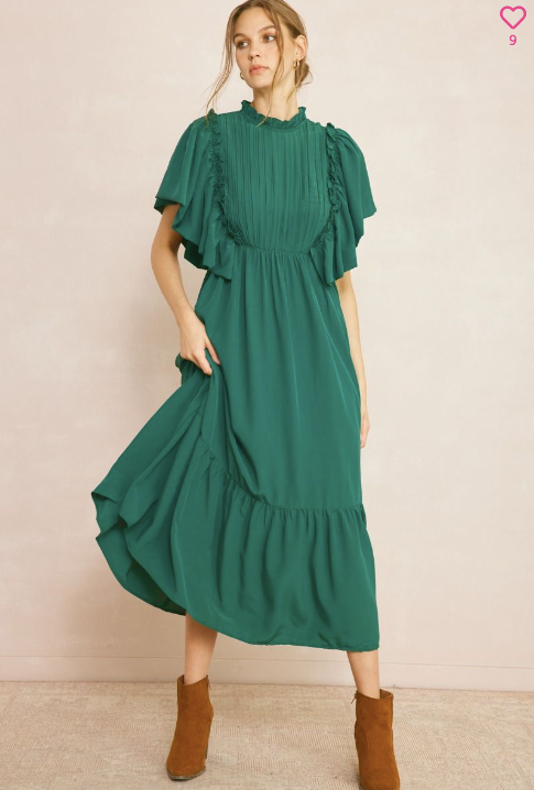 Hunter Green Ruffle Sleeve Midi Dress