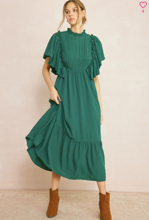 1125 Hunter Green Ruffle Sleeve Midi Dress
