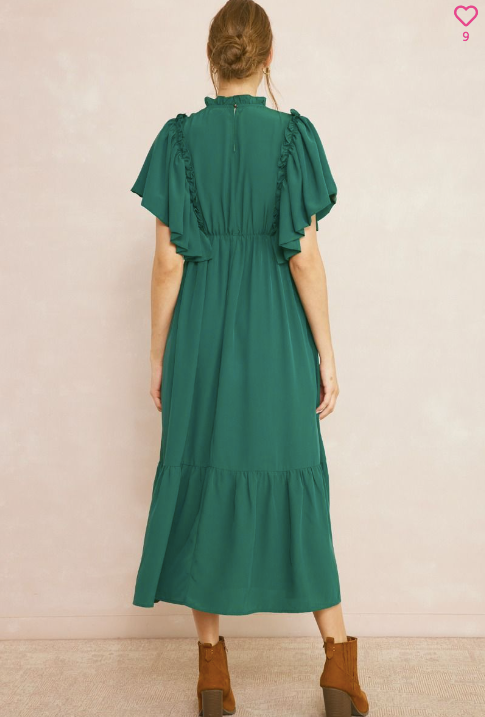 Hunter Green Ruffle Sleeve Midi Dress