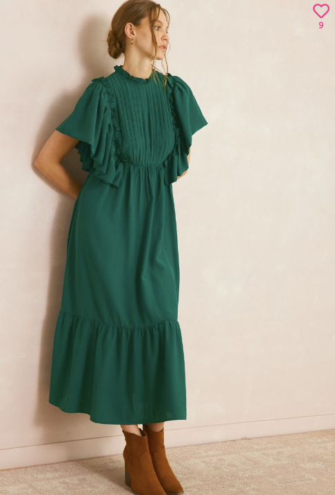 Hunter Green Ruffle Sleeve Midi Dress