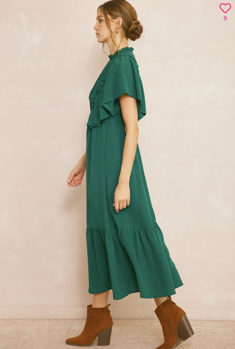 Hunter Green Ruffle Sleeve Midi Dress