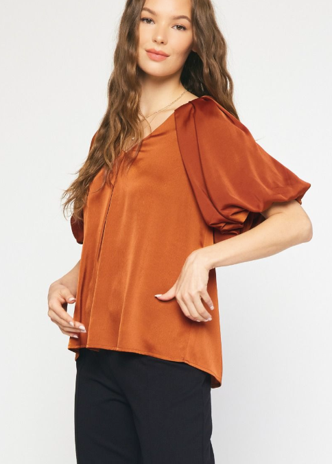 1007 Satin Bubble Sleeve Top