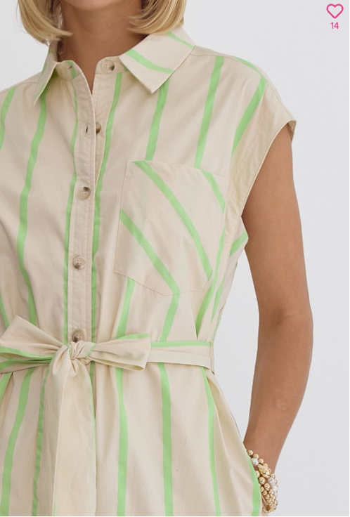 Button Down Lime Striped Collar Dress