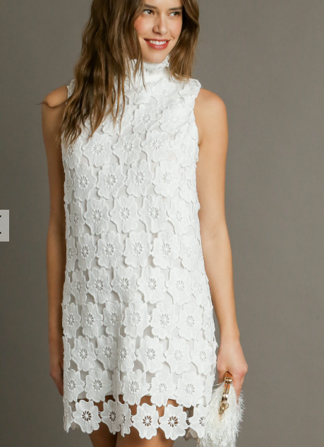 1082 Floral Lace Turtle Neck Sleeveless Dress