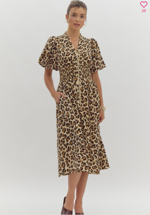 Leopard Print Zipper Bubble Sleeve Midi Dress