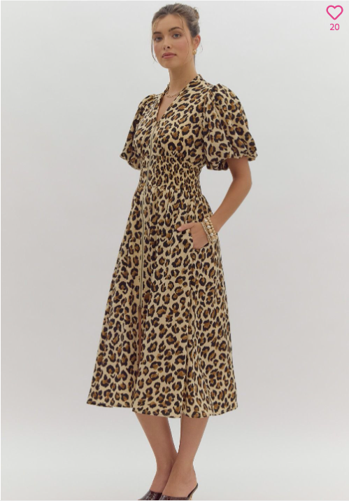 Leopard Print Zipper Bubble Sleeve Midi Dress